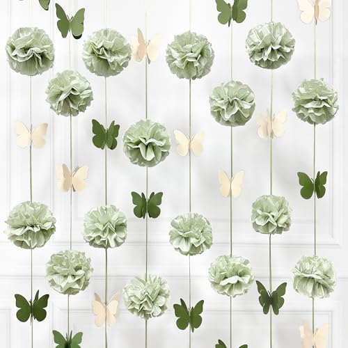 Sage Green Party Decorations Tissue Flowers Pom Pom Olive Green Beige 3D Butterfly Hanging Paper Garland Streamer Banner for Spring Themed Birthday Wedding Shower Tea Party Home Decor Supplies by pinkblume