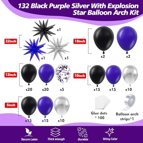 Purple and Black Balloon Arch Kit, 132Pcs Explosion Star Metallic Silver Purple Black Confetti Balloon Garland kit Different Size Balloons for Halloween Graduation Birthday Party Decorations - Image 2