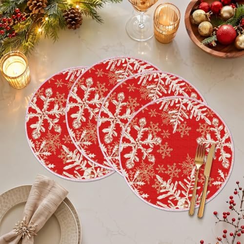 Christmas Round Placemats Set of 4 Red Snowflakes Decorations - Image 5