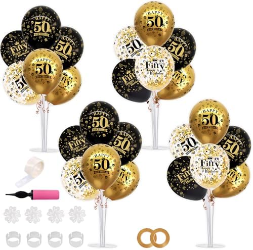 TONIFUL 4 Set Black Gold 50 Printed Balloon Stands for 50th Birthday Decor by TONIFUL