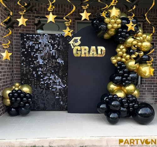 Black Gold Hanging Swirl Decorations - 32 Pcs Metallic Ceiling Swirls with Foil Stars, Plastic Streamers for Graduation 2026, Birthday, Wedding, New Year's Eve, Engagement Party Supplies - Image 2