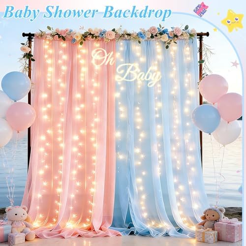 Ledido 10×8ft Pink Blue Tulle Backdrop Curtains with Light(2 Panels 5×8ft) - Image 5