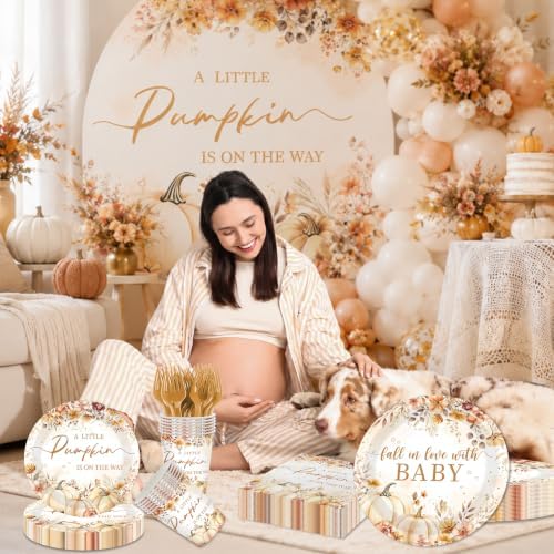 Little Pumpkin Baby Shower Decorations - Fall in Love With Baby Tableware Boho Autumn Floral Thanksgiving Party Supplies for A Little Pumpkin is On The Way Baby Shower Decor Serve 24 - Image 3