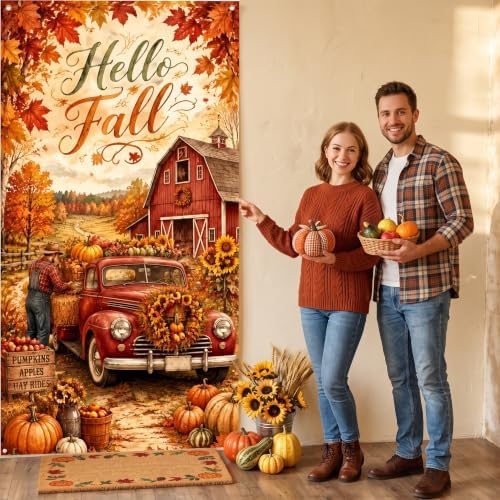 Hello Fall Vertical Door Banner 35×71 Inch Vintage Red Truck Farmhouse Harvest Decor, Autumn Pumpkin Maple Leaf Front Door Hanging Flag for Thanksgiving Outdoor Porch Home Party Seasonal Decoration - Image 6