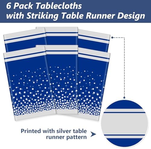 LANLISA Blue and Silver Tablecloth Party Decorations 6 Pack, Disposable Plastic Table Cloths for Graduation Birthday Retirement Masquerade Party Decor - Image 4
