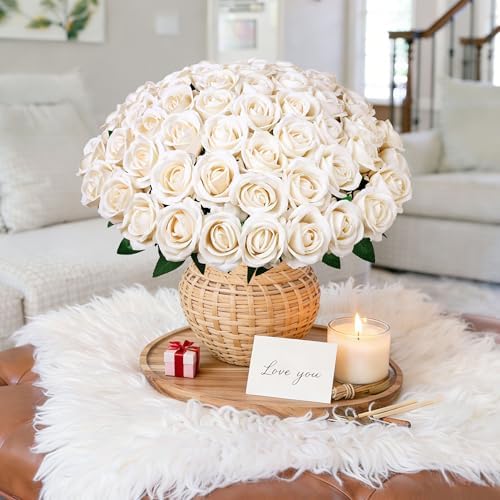 50 PCS Champagne Roses Artificial Flowers, Fake Roses with Stem Realistic Silk Rose for DIY Wedding Bouquets Table Centerpieces Arrangements Baby Shower Birthday Home Decor Valentines Day Gift for Her - Image 2