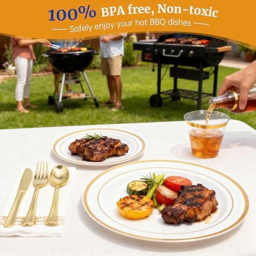 AIRE Gold White Plastic Plates Set, 350PCS Disposable Tableware for 50 - Image 4