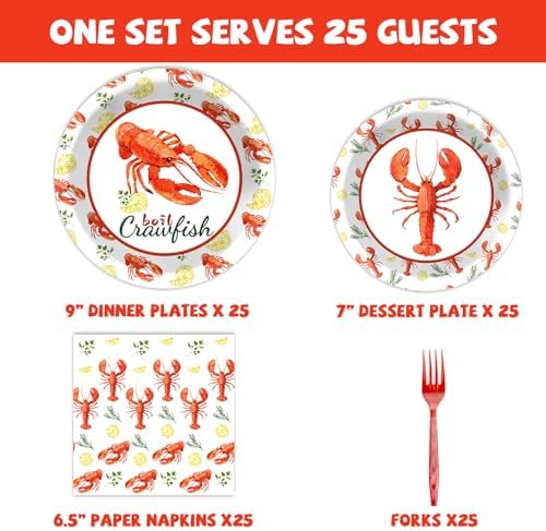 Qyeahkj 100 Pcs Crawfish Boil Party Plates and Napkins Set Crawfish Party Decorations Supplies Lobster Seafood Shrimp Boil Tableware Crawfish Crab Party Favors for Birthday Baby Shower Serve 25 - Image 2