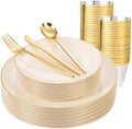 bUCLA 150PCS Ivory Plastic Plates - Heavy Duty Cream Disposable for Party, Thanksgiving, Fall Harvest & Autumn- Include 25 Each（Dinner & Dessert） Plates, 25 Knives, 25 Forks, 25 Spoons & 25 Cups by BUCLA