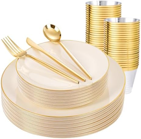 bUCLA 150PCS Ivory Plastic Plates - Heavy Duty Cream Disposable for Party, Thanksgiving, Fall Harvest & Autumn- Include 25 Each（Dinner & Dessert） Plates, 25 Knives, 25 Forks, 25 Spoons & 25 Cups by BUCLA