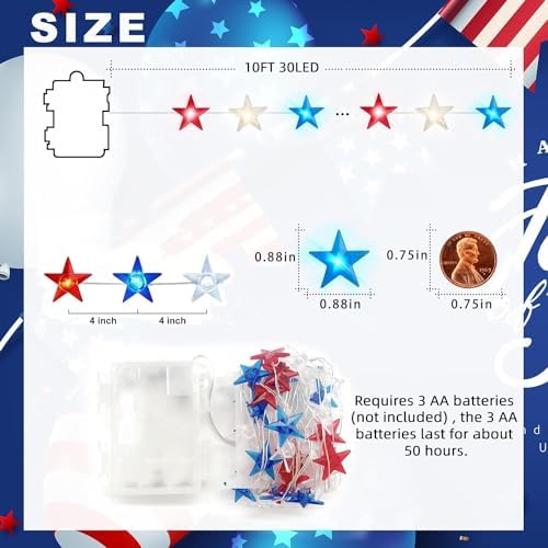 4th of July Decorations, 10ft 30 LED Twinkle Red White and Blue Star String Lights Battery Operated, Patriotic Decorations for Memorial Independence Day Party Golfcart Fourth of July (White Light) - Image 6
