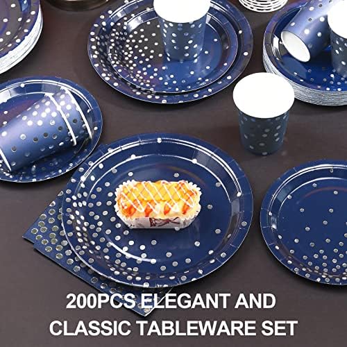 200pcs Blue and Silver Party Deorations Birthday Plates Disposable-Serve 50 Guests,Navy Blue Plates and Napkins Party Supplies for Wedding Anniversary Retirement Graduation Decorations - Image 4