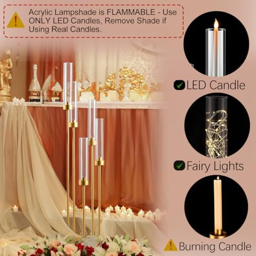 2PCS Gold 5 Arm Candle Holder Tall Floor Candelabra with Acrylic Lampshade - Image 5