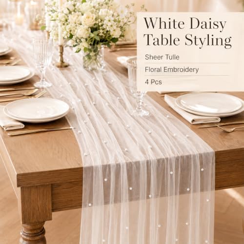 4 Pcs Pearl Table Runner 29x72 Inch White Tulle Wedding Table Decor - Image 3