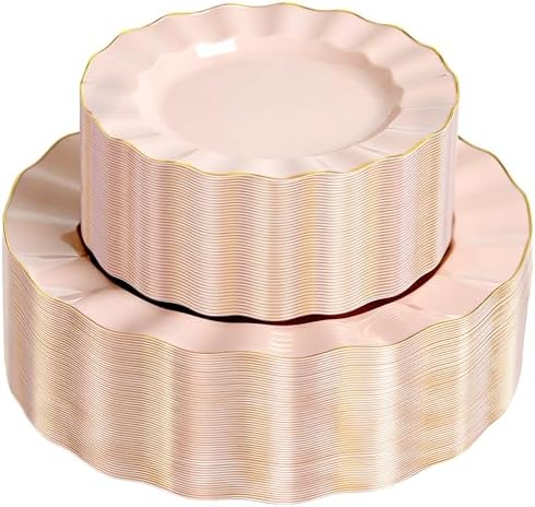 120PCS Blush Pink Plastic Plates, Wavy Plates with Gold Rim by QualQuot