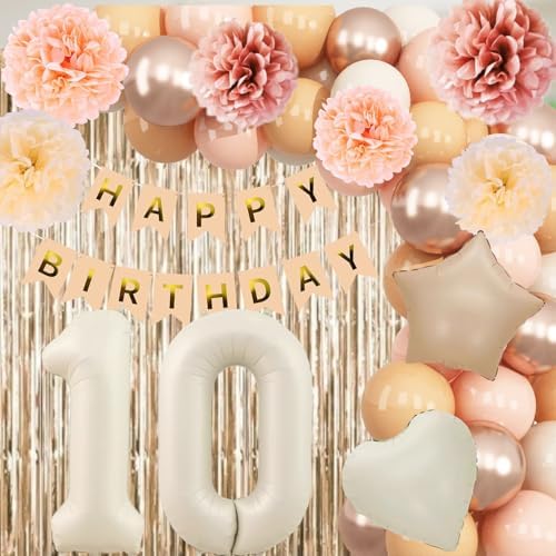Beige Happy 10th Birthday Party Decoration Girls Cream Number 10 Balloon - Image 2