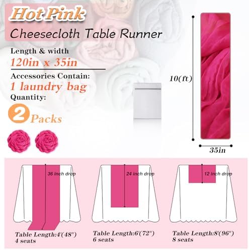 Hot Pink Cheesecloth Table Runner 2 Pack 35" Boho Gauze Table Runner 120 inches Long Runner Rustic Sheer Fabric Bulk for Baby Shower Wedding Bridal Birthday Party Table Decorations - Image 2