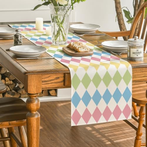 Artoid Mode Diamond Plaid Pink Blue Easter Table Runner, Seasonal Spring Summer Party Kitchen Dining Table Decoration for Home Party Decor 13x72 Inch - Image 4