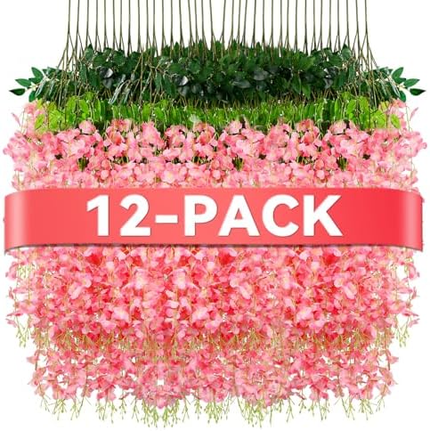 Alotiki Pink Wisteria Hanging Flowers, 12 Pack Fake Hanging Flowers by CreateABetterLife