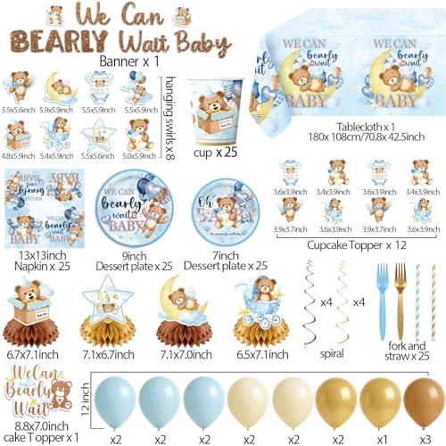 NeoRov 222 Pcs Blue Bear Baby Shower Decorations Tableware Set - Image 2