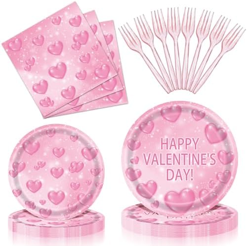 96 Pieces Valentine’s Day Tableware Set – Pink Heart Disposable Plates and Napkins for Romantic Dinners, Weddings, Anniversaries, and Valentine Parties – Serves 24 Guests by GistomeHome