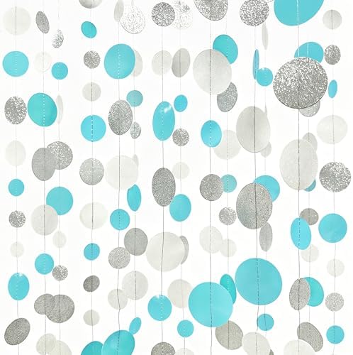 Teal Blue Silver White Party Polka Dot Garland Banner Aqua Turquoise Glitter Silver White Hanging Paper Circle Dots Streamer for Birthday Wedding Bridal Shower Party Decorations Supplies by pinkblume