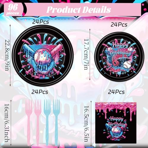 Baseball Drip Birthday Party Decorations - 96 Pcs Baseball Ice Cream Drip Plates Napkins Forks Tableware Set, Black and Pink Ice Cream Drip Dinnerware for Boys Girls Serve 24 - Image 2