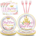 96Pcs Four Ever a Princess Plates and Napkins Girl 4th Birthday Party Decorations Royal Pastel Castle Dessert Disposable Plates Pink & Gold Tableware Set for 24 Guests Floral Fairytale Party Supplies by CHUNNIN