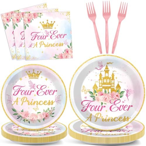 96Pcs Four Ever a Princess Plates and Napkins Girl 4th Birthday Party Decorations Royal Pastel Castle Dessert Disposable Plates Pink & Gold Tableware Set for 24 Guests Floral Fairytale Party Supplies by CHUNNIN