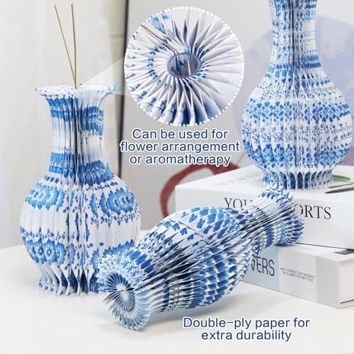 SUNBEAUTY 3 Pcs Blue and White Paper Honeycomb Vases, Mini Chinoiserie Vintage Paper Vase Set with Magnetic Closure, Chinese Style Table Centerpieces for Wedding,Baby Shower, Home & Party Decor - Image 4