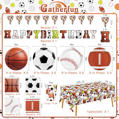 Sports Themed Birthday Party Kit for 24 - Includes Sports Banner, Tablecloth, Cups, Plates and Napkins for Boys Sports Theme Party Decorations Supplies - Image 2