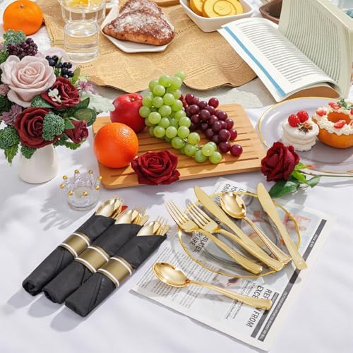 Supernal 30 Pack Pre Rolled Gold Plastic Silverware with Black Napkins - Image 4