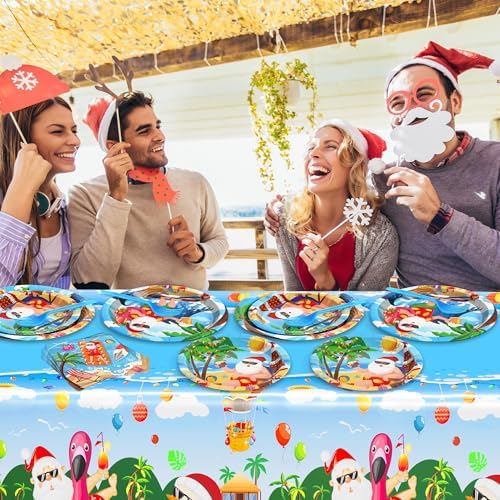 QZYL 122Pcs Summer Christmas Decorations, Tropical Beach Plates Party Supplies, Disposable Xmas in July Plates, Napkins, Cups, Forks and Tablecloth for Beach Pool Party, Serves 30 Guests​ - Image 5