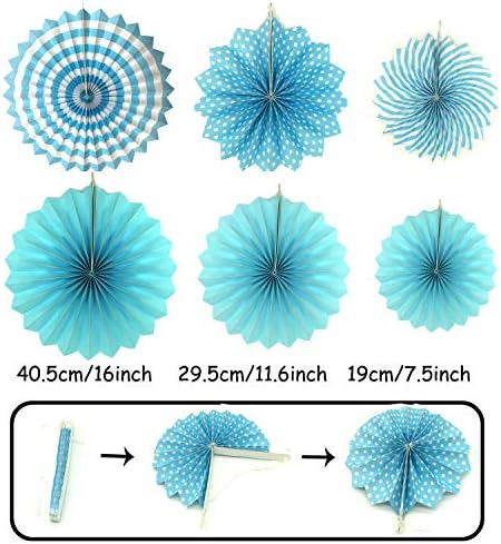 ZERODECO Party Decoration, 21 Pcs Blue Hanging Paper Fans, Pom Poms Flowers, Garlands String Polka Dot and Triangle Bunting Flags for Boy Birthday Parties, Bridal Showers, Baby Showers, Wedding - Image 2