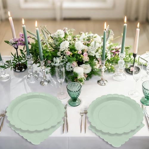 100Pcs Sage Green Plates and Napkins - Disposable Sage Green Scalloped Paper Plates & Napkins Serves 50,Green Party Supplies for Baby Shower Wedding Bridal Shower Birthday - Image 4