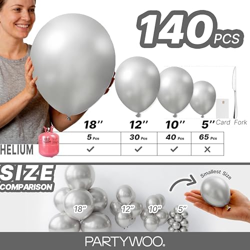 PartyWoo Metallic Silver Balloons 140pcs Different Sizes of 18 12 10 5 Inch - Image 6