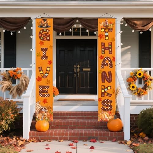OHOME Thanksgiving Decorations - GIVE THANKS Porch Banner | Fall Decor for Indoor Outdoor Outside - Friendsgiving Party Decorations Autumn Pumpkin Welcome Door Sign for Home Yard Wall - Image 6