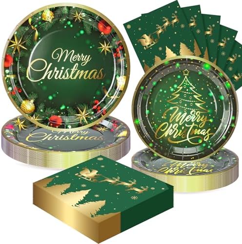 72PCS Christmas Plates and Napkins for Party Decorations, Set of 24 Merry Christmas Disposable Tableware Supplies,Green Gold Christma Tree Paper Plates for Christmas in July Party by FightingtoAchieve