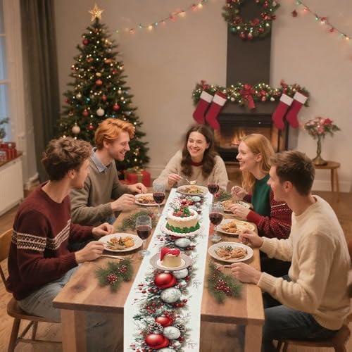 Christmas Table Runner, Seasonal Winter Kitchen Table Decoration, Suitable for Winter Christmas Family Gathering Indoor 13x72 inches (13x72 inches, Red and White Bell) - Image 2
