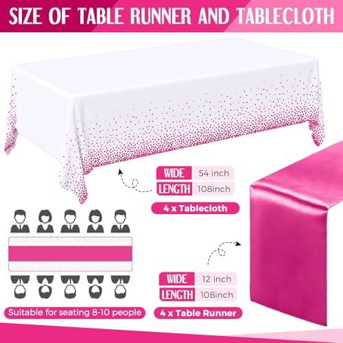 Breling 8 Pack White and Hot Pink Tablecloths and Satin Runners Set - Image 2