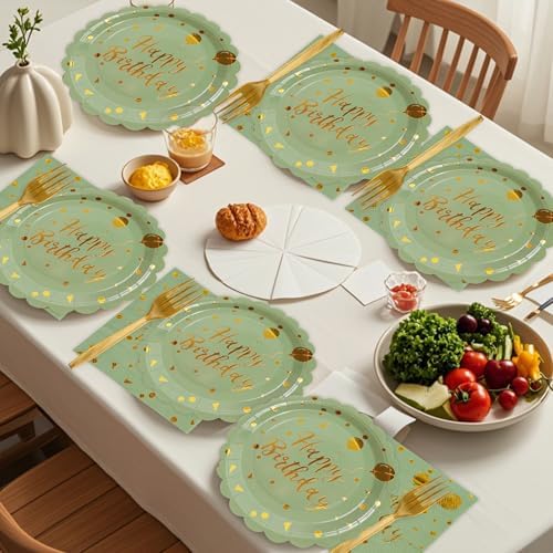 48PCS Happy Birthday Sagegreen and Gold Plates&Napkins Party Supplies - Image 4
