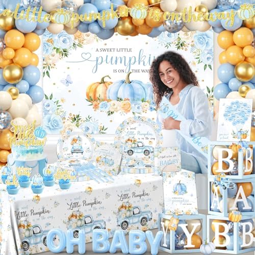 249pcs Little Pumpkin Baby Shower Decorations for Boy,A Sweet Little Pumpkin is On the Way Baby Shower,Blue Pumpkin Floral Balloons Plates Boxes Tablecloth for Fall Thanksgiving Autumn Party Decor - Image 6