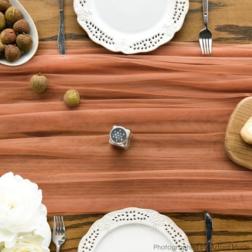 Artoid Mode 3PCS Terracotta Gauze Table Runner 120 Inch 10FT, Seasonal Sheer Kitchen Dining Holiday Wedding Birthday Baby Shower Table Decor for Home Party - Image 2