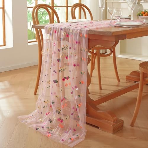 Pink Embroidery Daisy Fall Table Runner 10ft Florals Seasonal Tulle Table Runner Holiday Kitchen Dining Table Decoration for Home Party Indoor - Image 4