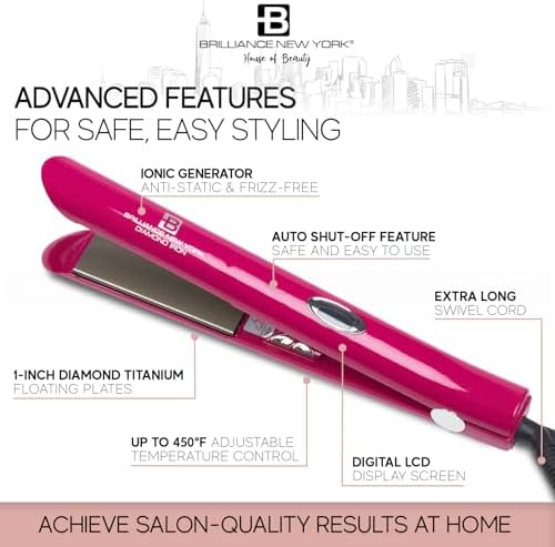 Brilliance New York - 1 Inch Diamond Titanium Flat Iron - 2 in 1 Hair Straightener and Curler - Anti-Static, Frizz-Free Ionic Plates - Auto Shut-Off Dual Voltage Flat Iron w/LCD Display - Image 2