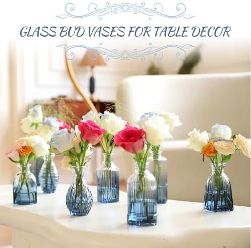 Bud Vases Set of 12, Gradient Blue Glass Vase Vintage Flower Vase for Decor Ribbed Small Bud Vases in Bulk Cute Wedding Birthday Party Centerpieces Table Decoration Home Decor - Image 3