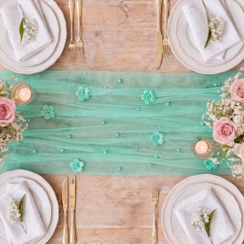 Artoid Mode Turquoise Flower Pearl Gauze Table Runner 10FT, Seasonal Sheer Dining Holiday Wedding Birthday Baby Shower Table Decor for Home Party - Image 6
