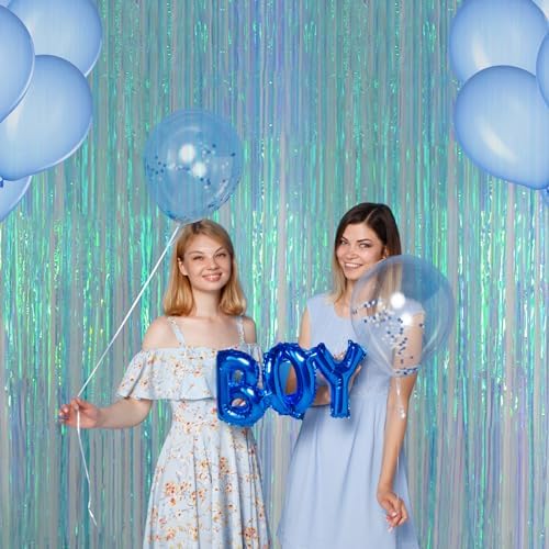 Melsan Iridescent Blue Fringe Backdrop Party Streamer Decorations - 3.2 x 6.5 ft Tinsel Backdrop Foil Curtains for Gender Reveal Under The Sea Ocean Theme Birthdays Parties - 2 Packs - Image 3