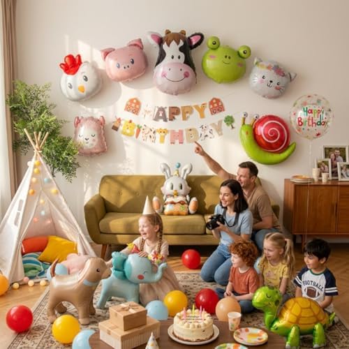 48 PCS Happy Birthday Farm Animals Foil Balloon Decorations Kit for Kids Birthday, Farm Theme Cow Chicken Pig Sheep All-In-One Party Supplies with Birthday Banner for Boys Girls Kids - Image 2