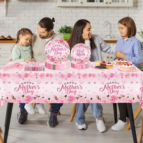 122 PCS Mothers Day Plates and Napkins Set, Serves for 30 Guests Pink Mother's Day Home Decor with Flowers, Disposable Paper Plates Napkins Plastic Forks Tablecloth for Best Mom Party Supplies - Image 6